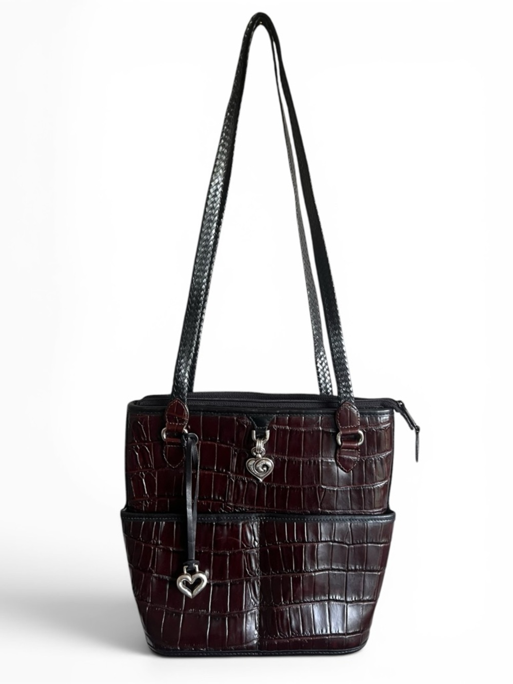 Brighton A513849 Croc Embossed Leather Shoulder Bag Burgundy Heart Charm